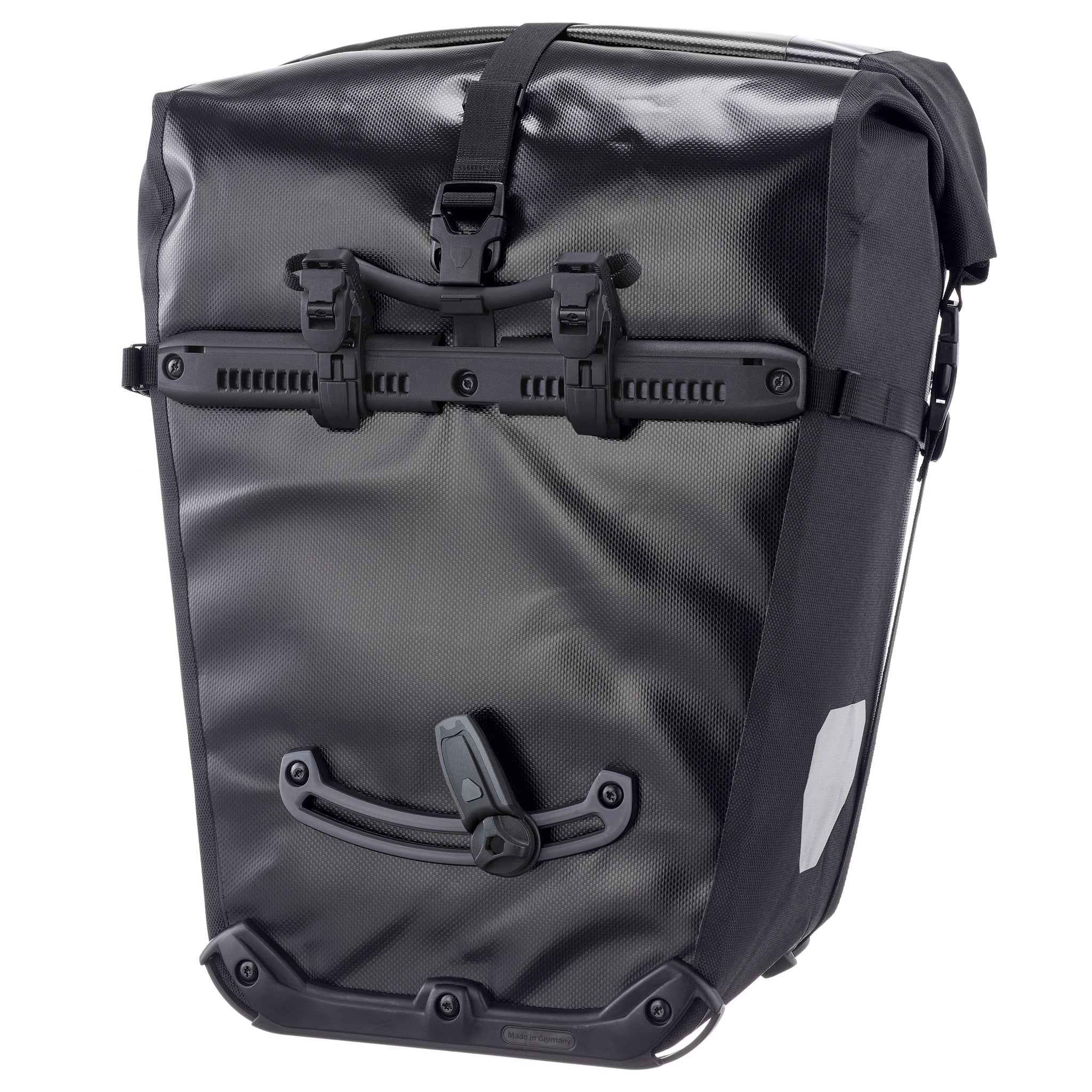 Rückansicht der ORTLIEB Back-Roller XL QL2.2 in asphalt - black mit Quick-Lock2.2 Befestigungssystem