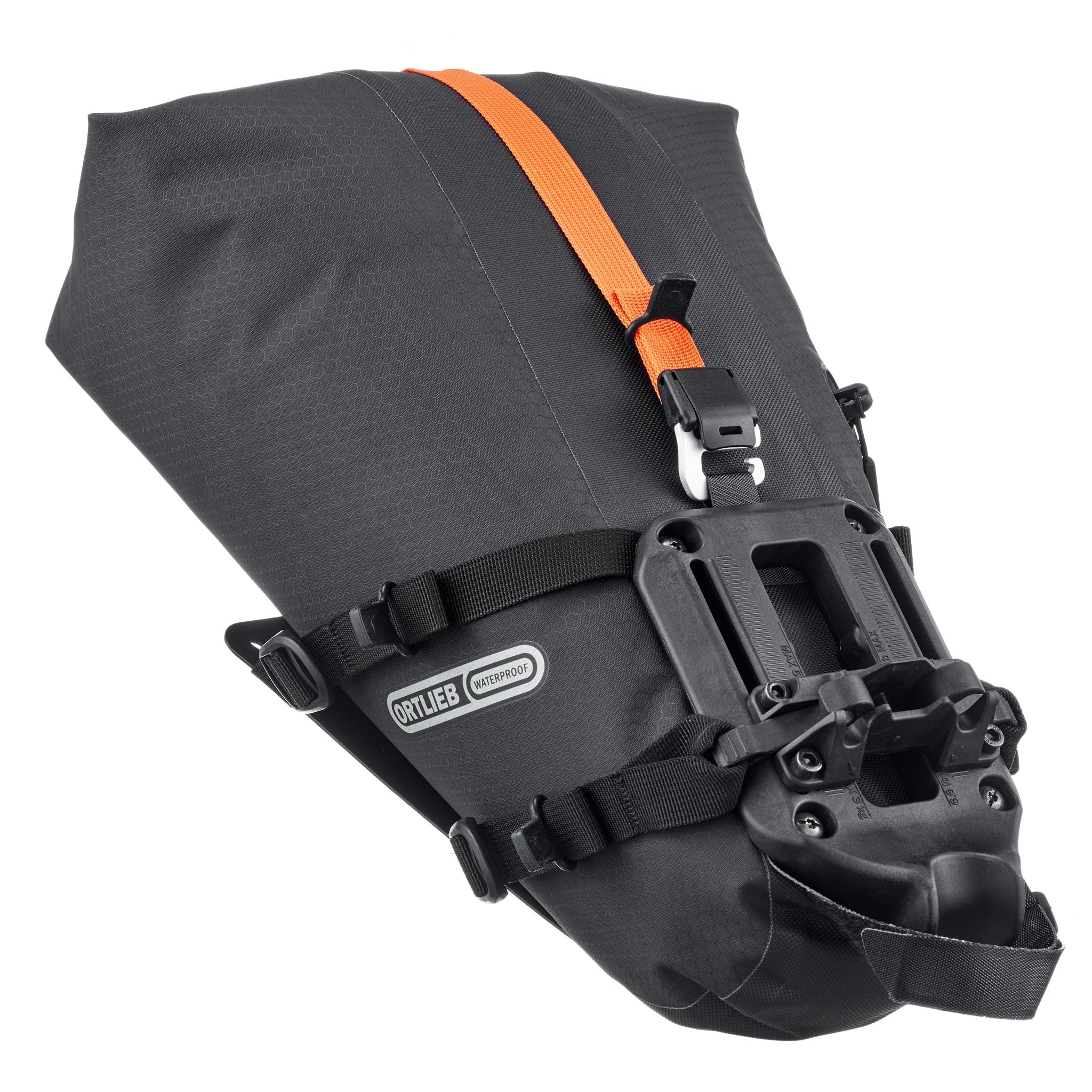 ORTLIEB Seat-Pack QR Fahrradtasche in black-matt Seitenansicht mit Rollverschluss und Befestigungssystem