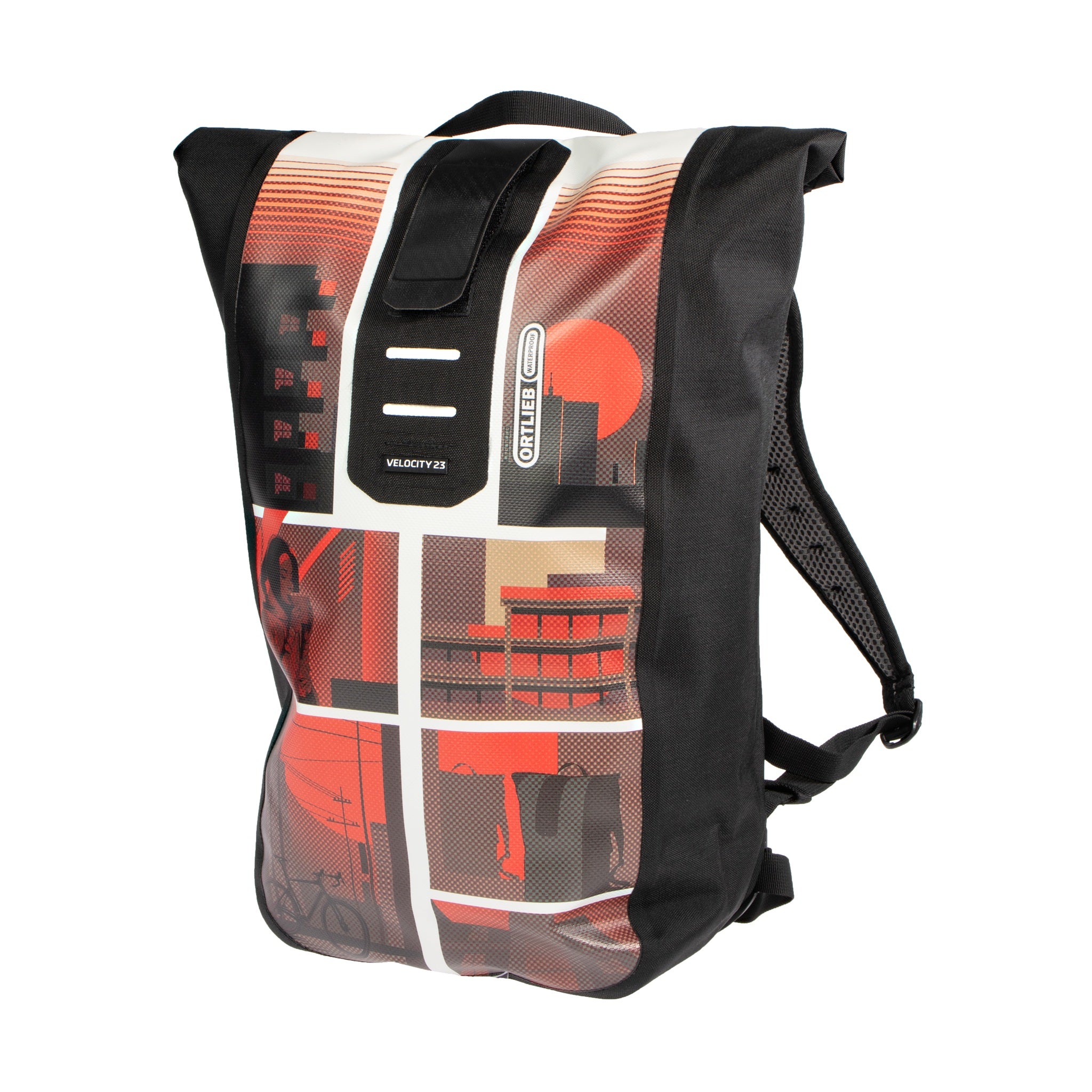 ORTLIEB Velocity Design Rucksack mit rot-schwarzem Stadtmotiv und Rollverschluss auf weißem Hintergrund